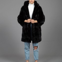 Mink Hooded Fur Coat Black