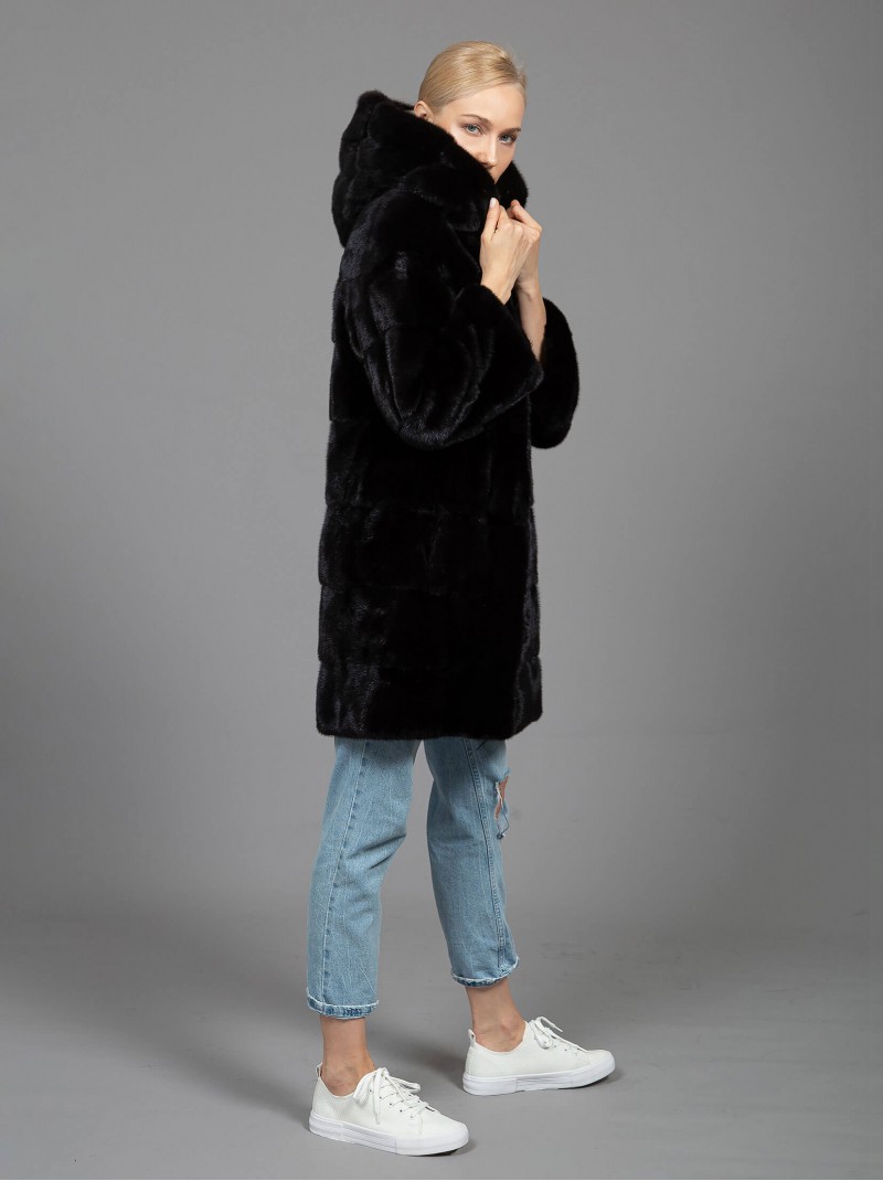 Mink Hooded Fur Coat Black