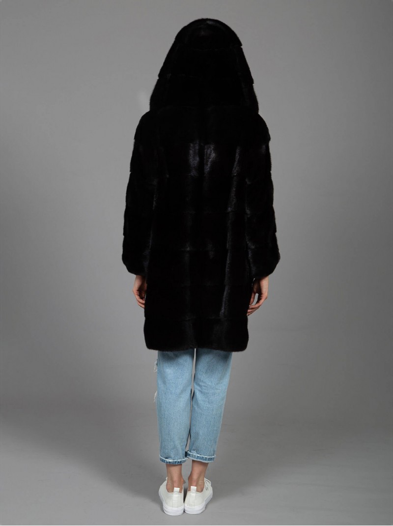 Mink Hooded Fur Coat Black